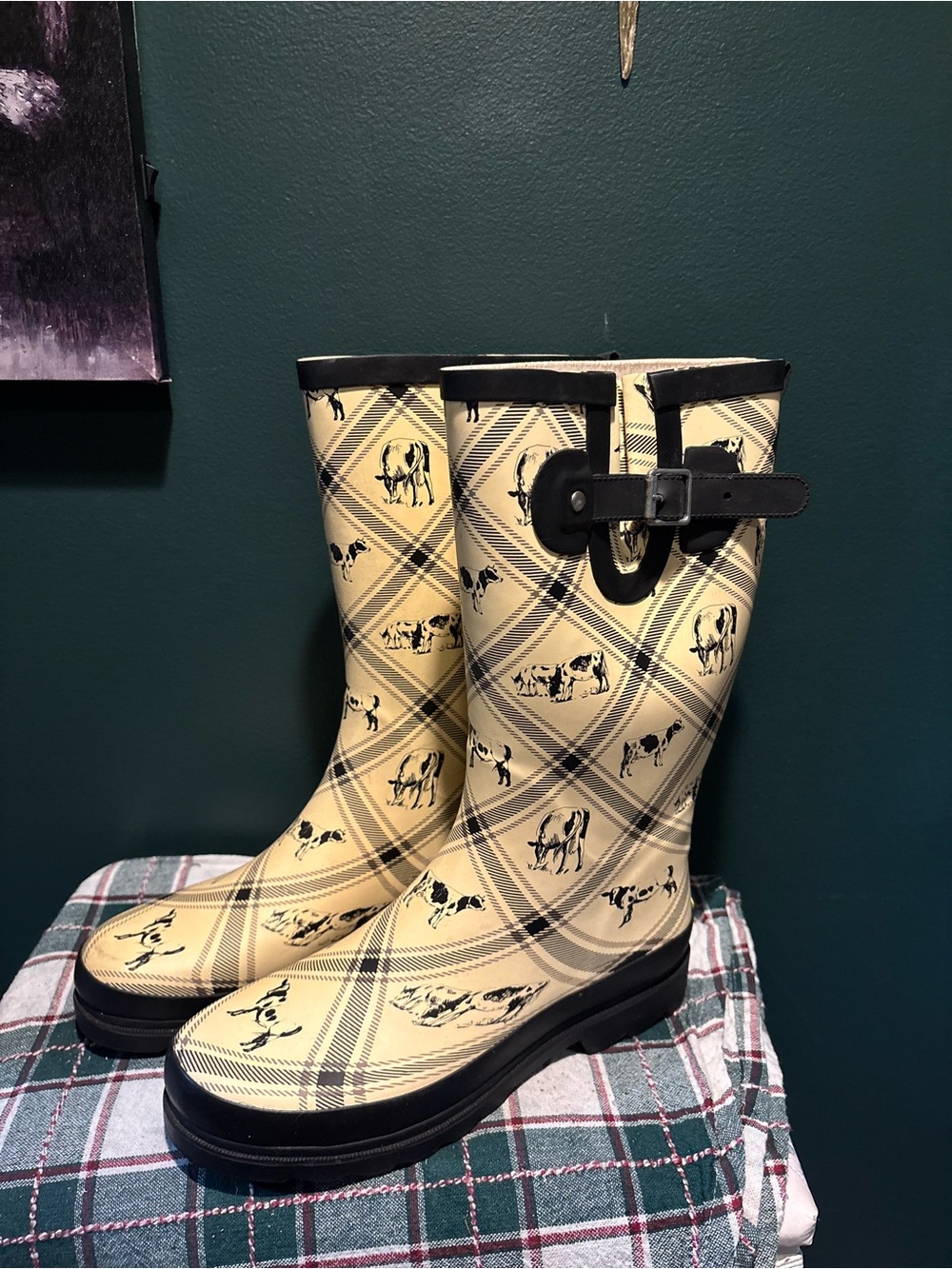 Western Chief Cream Plaid Rain Boots with Black Cow Print